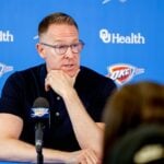 Sam Presti speaks to the press in Oklahoma City, on Tuesday, May 28, 2024.