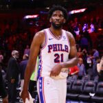 Nov 18, 2024; Miami, Florida, USA; Philadelphia 76ers center Joel Embiid (21) looks on after the game against the Miami Heat at Kaseya Center. Mandatory Credit: Sam Navarro-Imagn Images