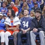 Oklahoma City Thunder guard Lu Dort (5), center Jaylin Williams (6), center Isaiah Hartenstein (55), center Chet Holmgren (7) and guard Shai Gilgeous-Alexander (2) watch as their team plays against the Cleveland Cavaliers