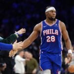 Philadelphia 76ers forward Guerschon Yabusele (28) reacts against the Dallas Mavericks in the fourth quarter at Wells Fargo Center.