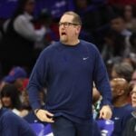 Feb 24, 2025; Philadelphia, Pennsylvania, USA; Philadelphia 76ers head coach Nick Nurse reacts during the third quarter against the Chicago Bulls at Wells Fargo Center. Mandatory Credit: Bill Streicher-Imagn Images Paul George trade